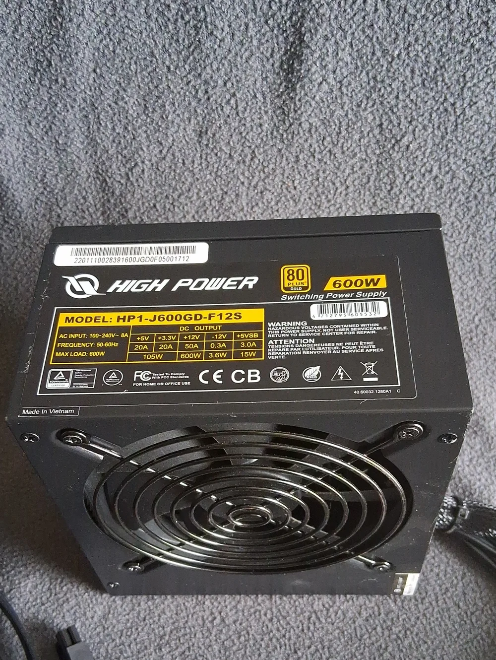 HIGH POWER 600W Black PC Power Supply (HP1-J600GD-F12S) 80 Plus Gold